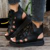 Módní Ručně vyráběné Retro Dámské Platformové Sandály PU Kůže Duté Šněrovací Klínky Gladiátorky Boty Peep Toe Slingback Silná Podrážka Cool Kozačky