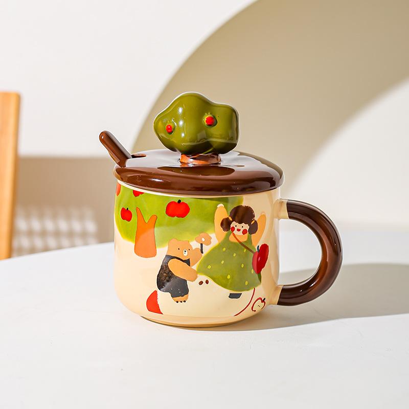 Apple Tree Girl Ceramic Vintage High Value With Lid Spoon Office Water Cup Coffee Cup Breakfast Cup