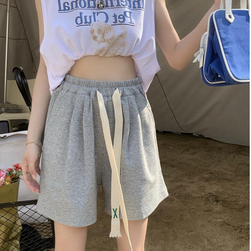 

Однотонные спортивные и повседневные шорты для женщин на лето, свободные узкие драпированные брюки широкого кроя, прямые брюки с завязками на высокой талии XXL серый