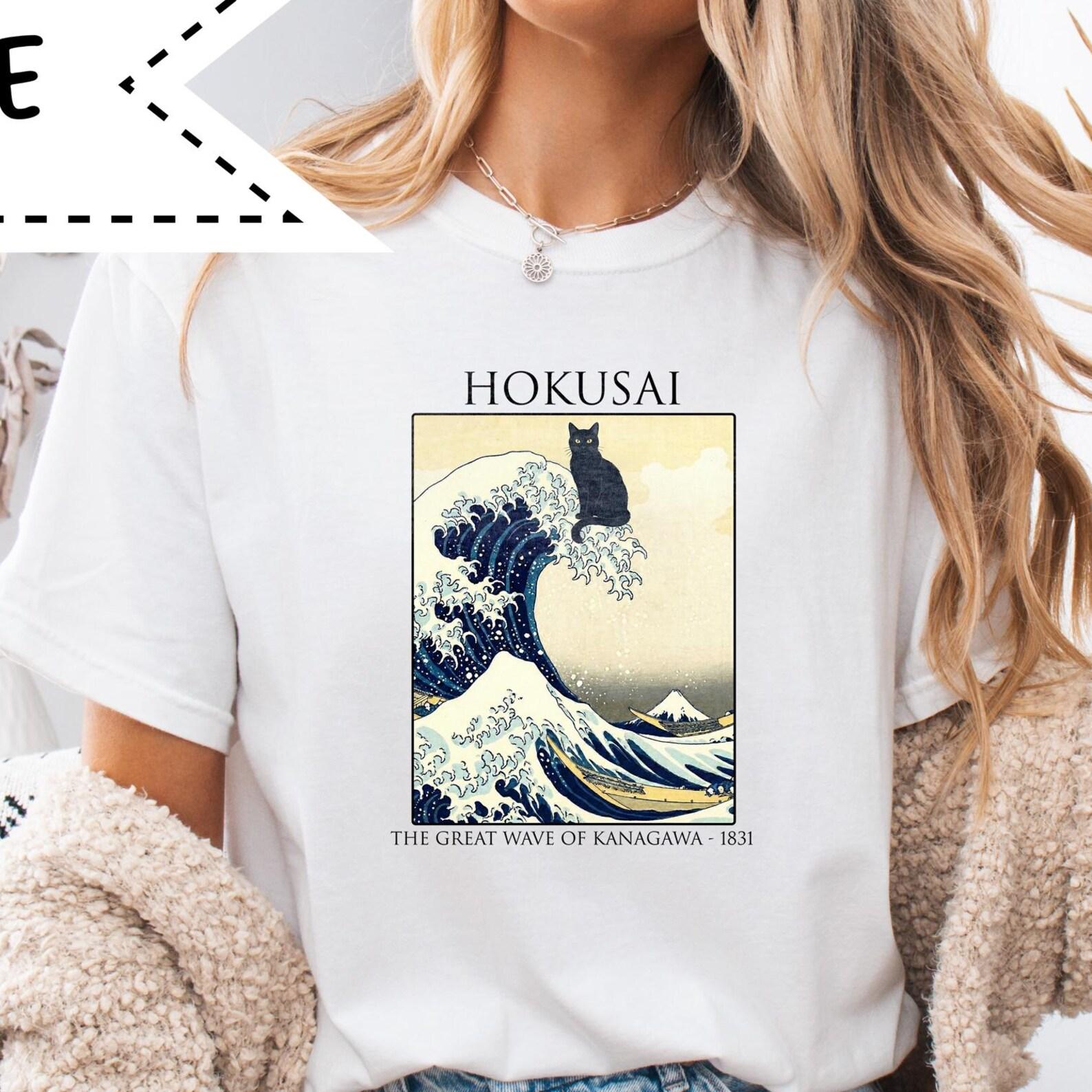 Hokusai Wave Cat T-Shirt – Relaxed Fit Comfort Colors® Tee, Vintage Art Tee, Black Cat Shirt, Classic Art Lover Gift S