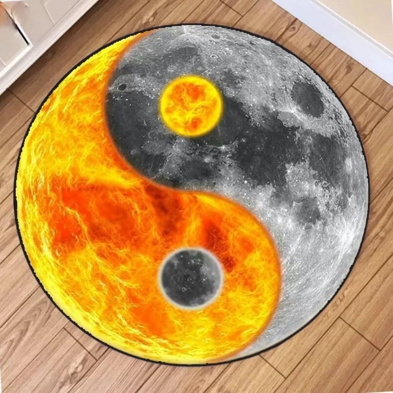 Water Fire Tai Chi Diagram Round Rug Non-Slip Wear-resistant Circle Carpet for Living Room Bedroom Soft Floor Mat Home Decor