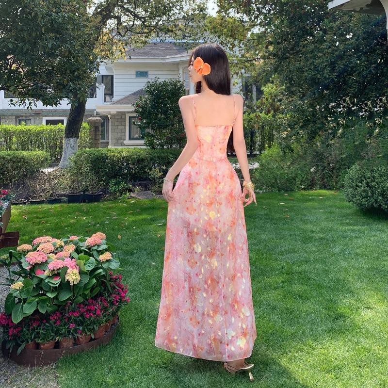 Sommer Neues Jacquard Chiffon Trägerkleid Meeresurlaub Gefühl Schmale Taille Langes Kleid Damen