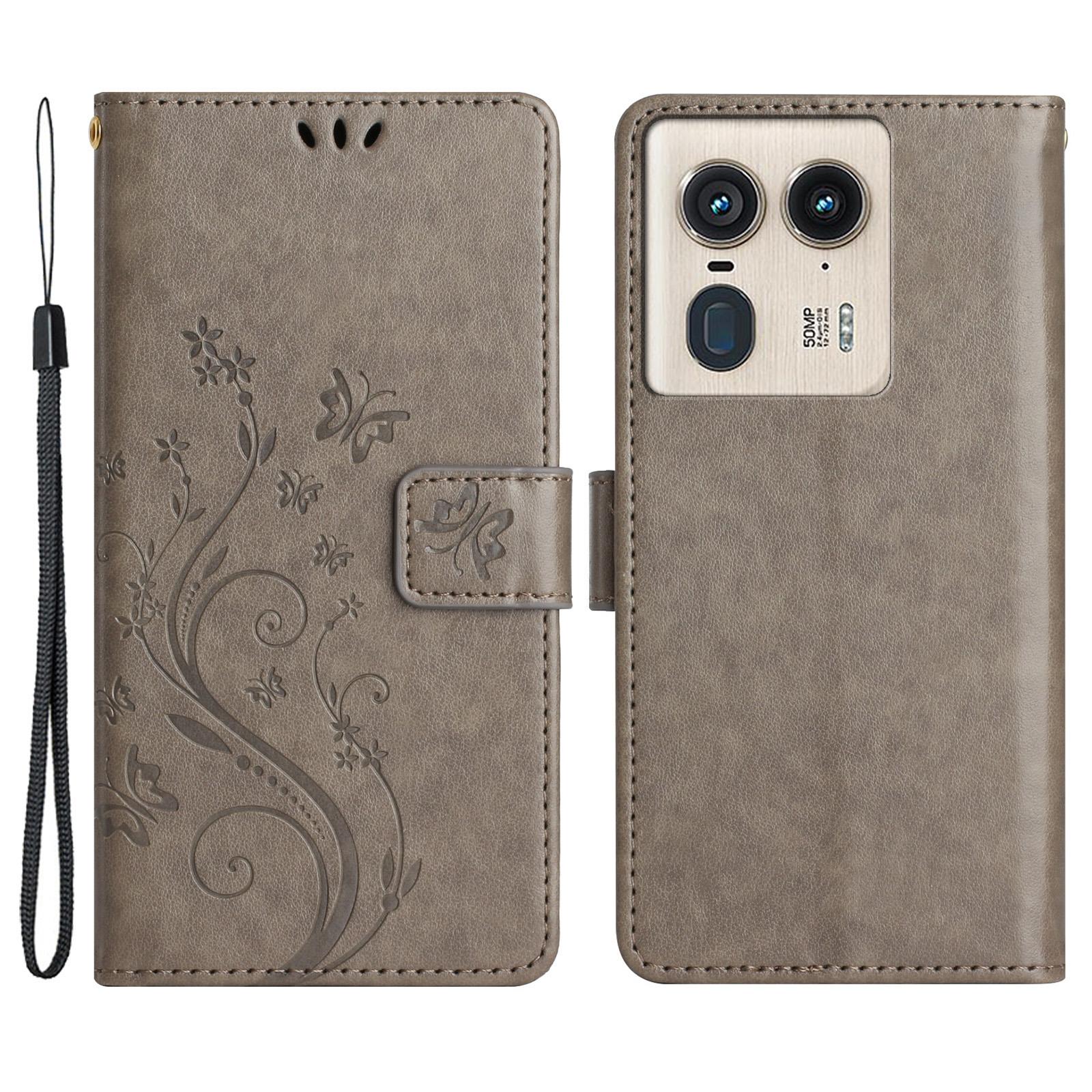 

Чехол-книжка из кожи с бабочкой и цветком для Motorola Edge 50 Ultra 5G/Moto X50 Ultra 5G Grey