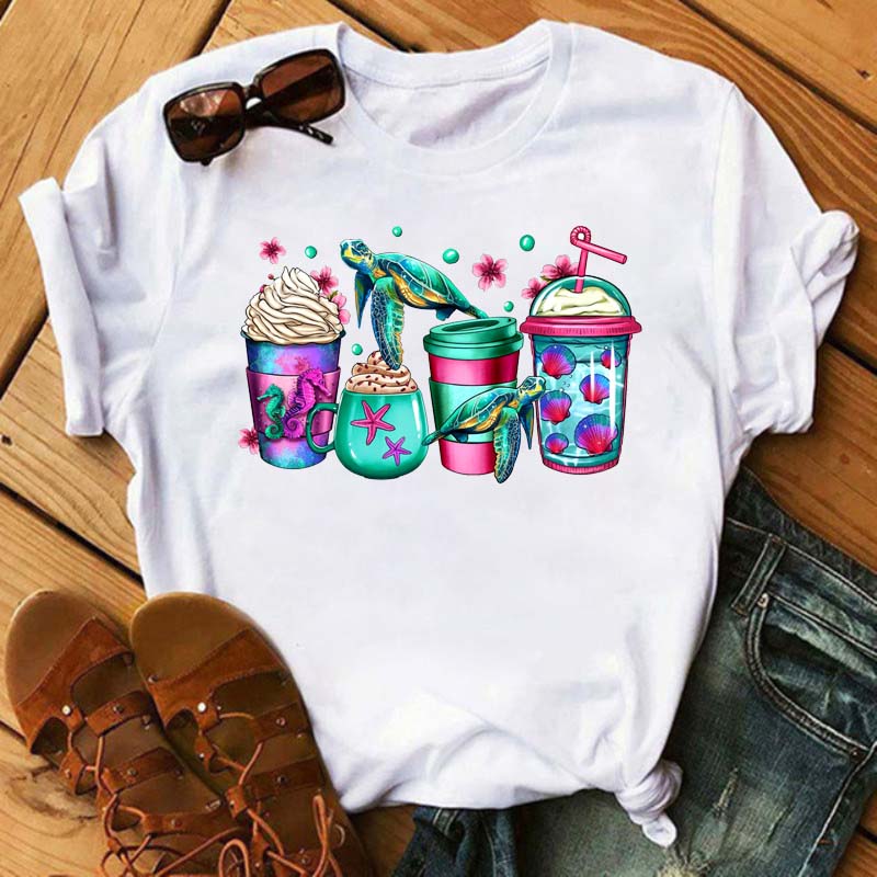Maycaur Fashion Watermelon Coffee Printed Women T-shirts 90s Trend Cute Short Sleeve Women Female Graphic Tee Streetwear Clothes