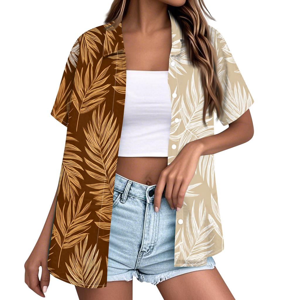 Women's fashionable casual Hawaiian print short-sleeved button-down collar shirt top