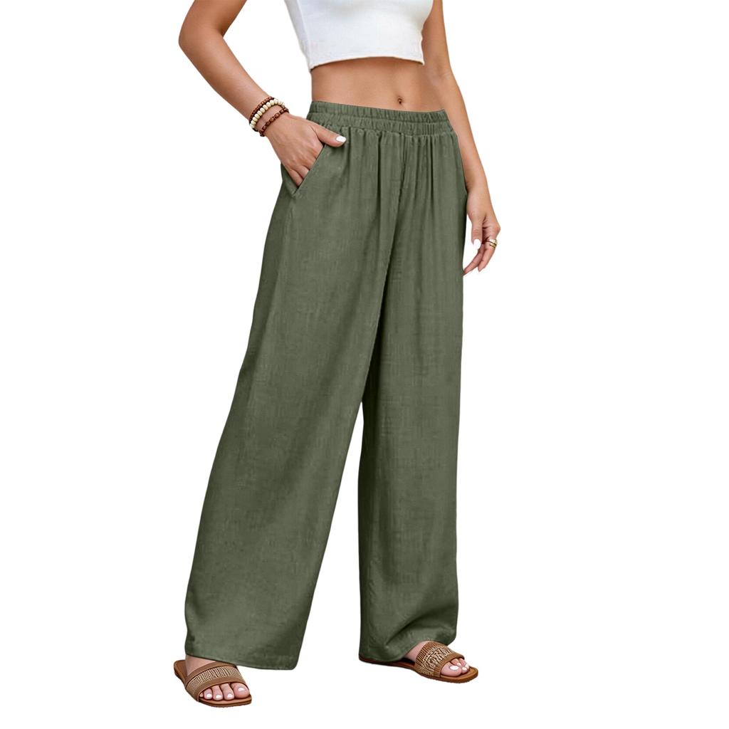 Women High Waist Wide Leg Linen Pants Loose Fit Elastic Waistband Trousers with Pockets for Casual Daily Wear