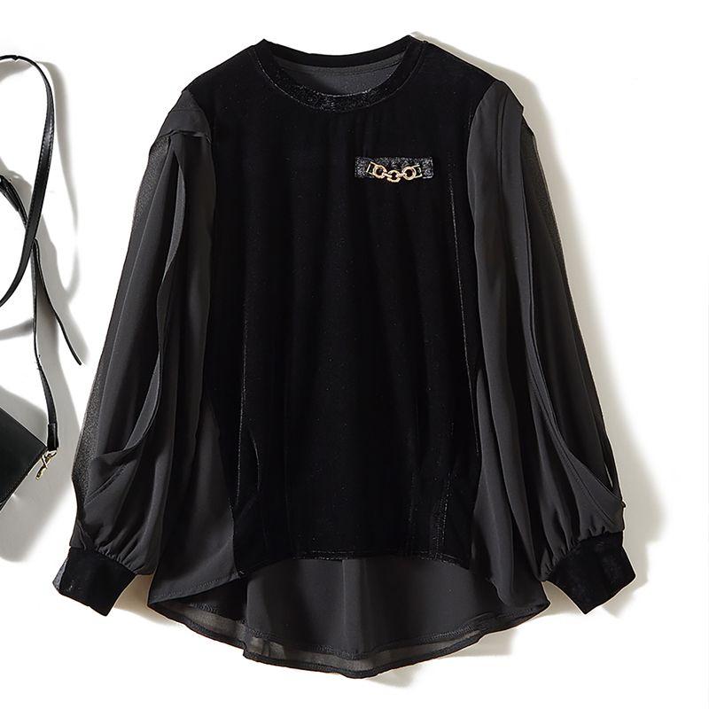 

Really Wear Easiest for Match! Stylish Women s Fluttering Swing Fake Two-Piece Gold Velvet Knitted Collar Loose Long Sleeves T-shirt Strong Push Black L
