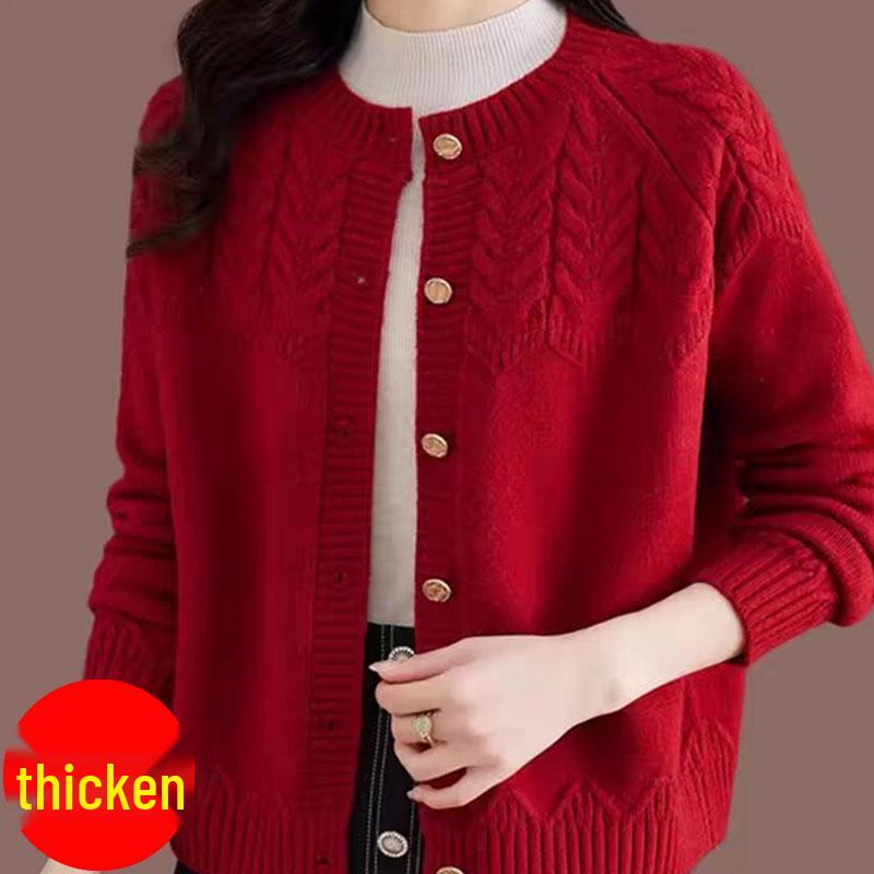 Women's Jacquard Knit Red Sweater Coat - Autumn 2025 Loose Round Neck Cardigan