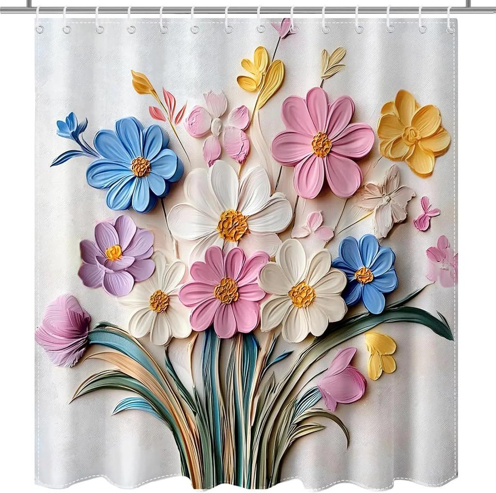 Badezimmer Vintage 3D Blumenduschvorhang Rosa Blaue Blume Duschvorhang mit 12 Haken Wasserdichtes Gewebe Bad Dekoration