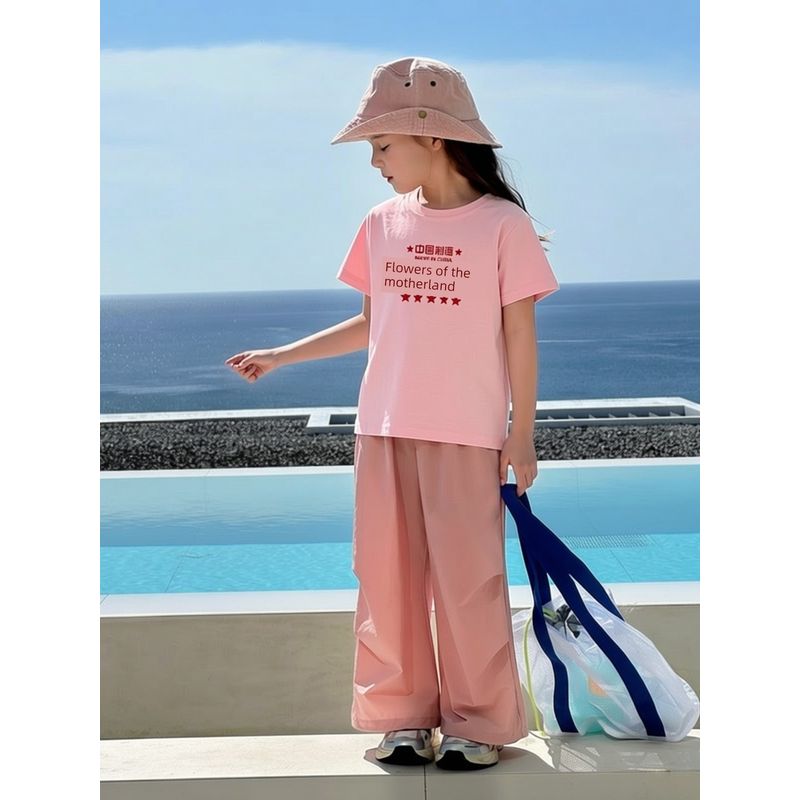 Children's Clothing Summer New Arrivals Girls' Korean Style Chinese Character Print Pure Cotton Short-Sleeved T-Shirt Baby Clothes Chinese Style