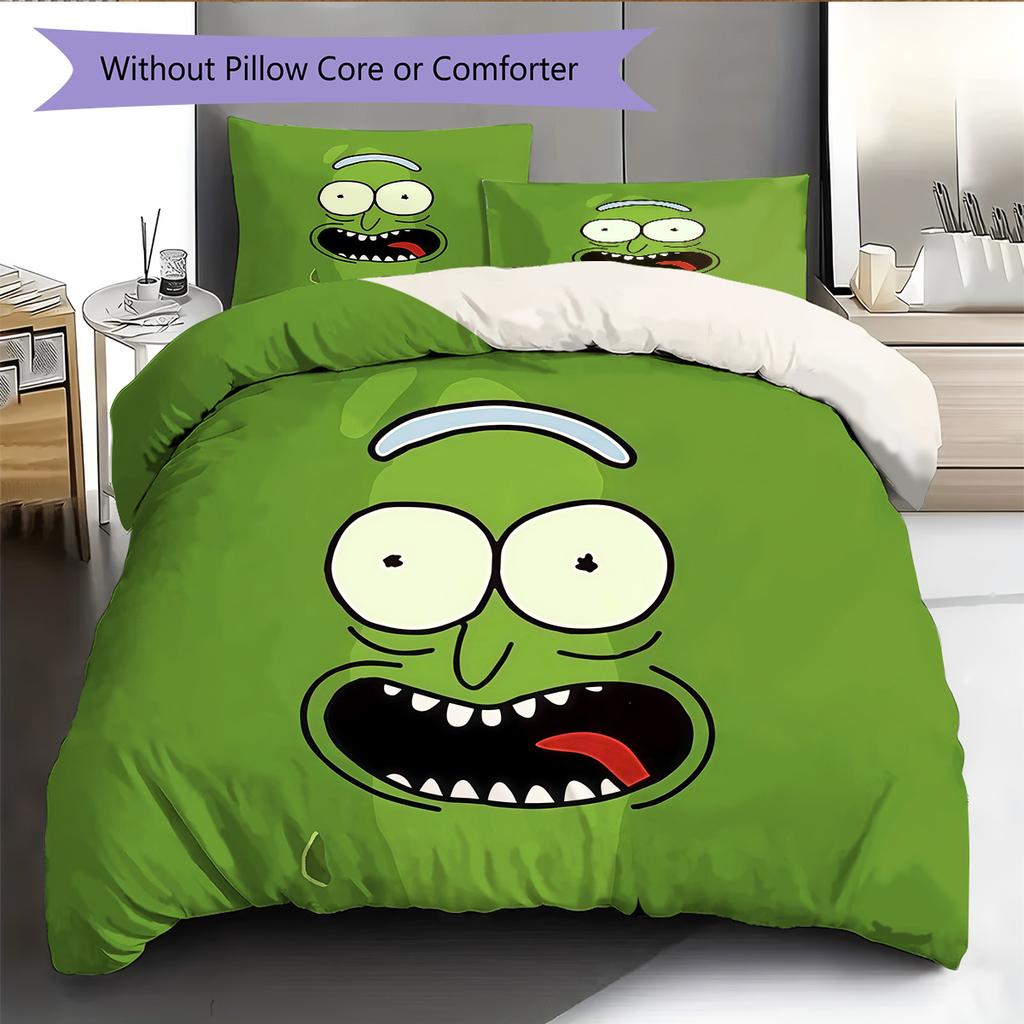 Pickle Rick Pattern Bedding Quilt Set  Home Decoration  Gift (1 * Duvet Cover + 2 * Pillowcase  Without Core)