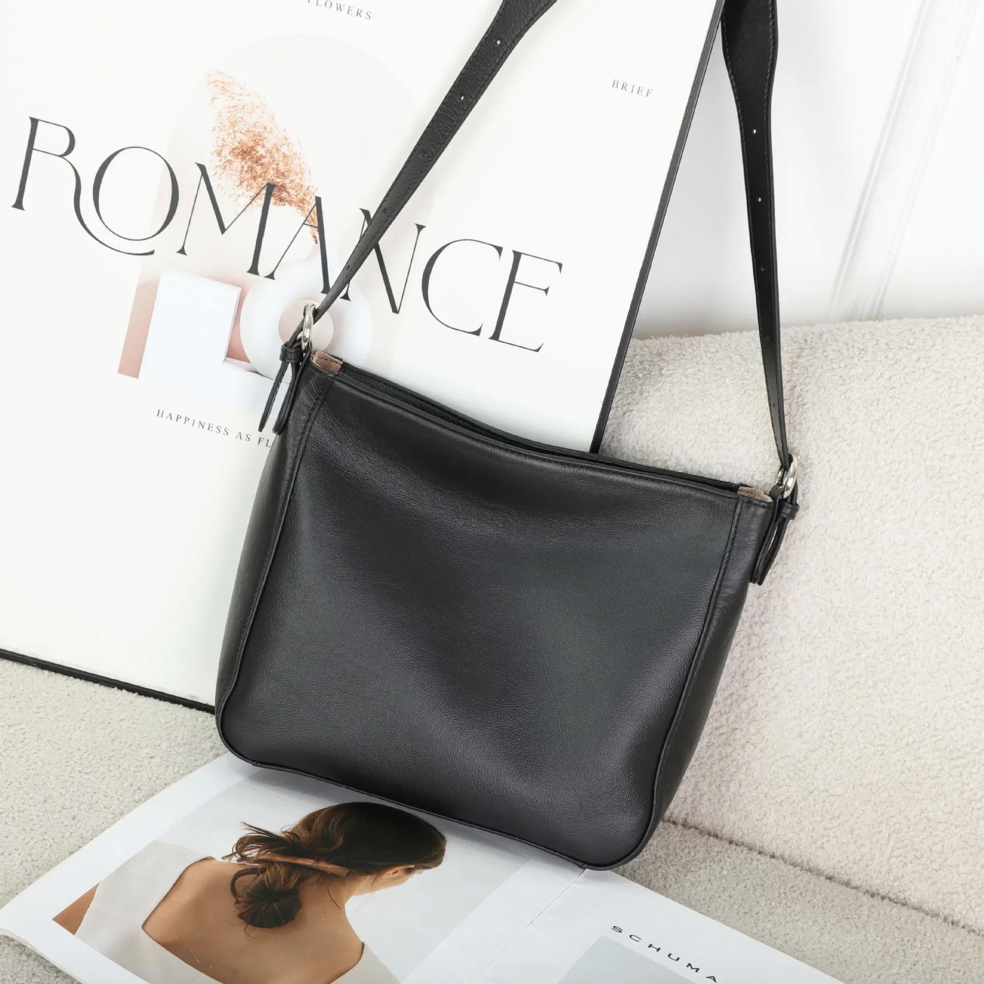 Квадратная сумка-ведро из натуральной коровьей кожи - Сумка через плечо Высококачественная женская сумка на плечо Практичная и роскошная сумка-хобо чёрный 2660₽