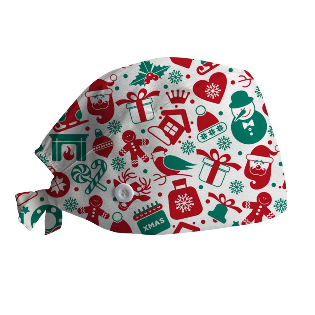 Surgical Cap with Adjustable Printed Christmas Theme Hat, Sweat Wicking Strip, Dust-proof Cloth Bag Head Cap, Doctor's Oral Cap, Nurse's Cap