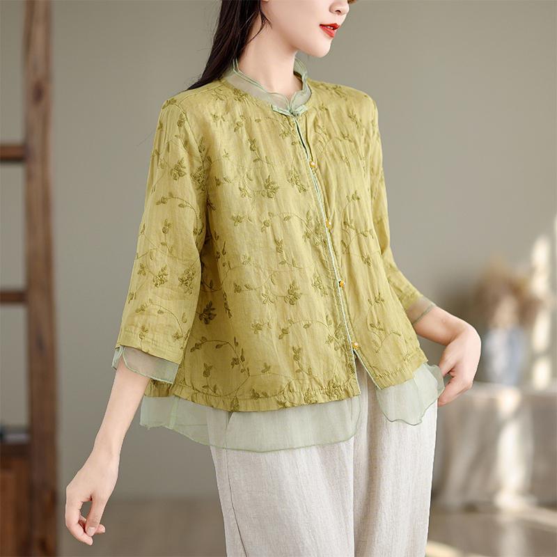 

ZANZEA Винтажная женская блузка с коротким рукавом на пуговицах, пэчворк, этническая вышивка, повседневная 3XL зелёный