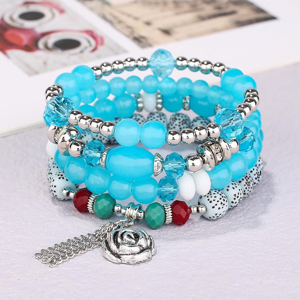 Bohemian Ethnic Layered Beaded Bracelet with Rose Flower Pendant