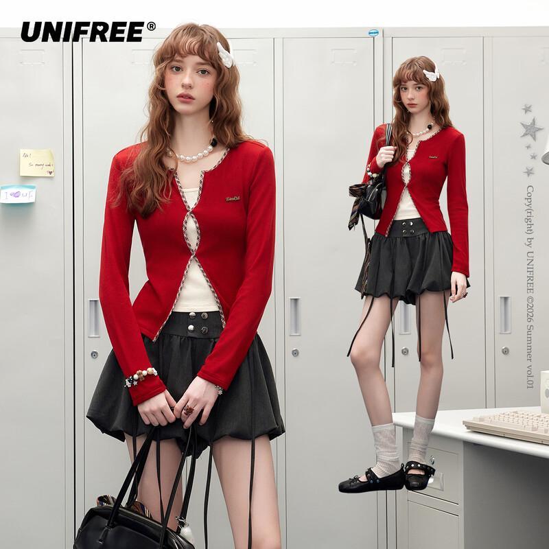 UNIFREE 2026 Spring Plaid Twist-Knot Long-Sleeve Tee S