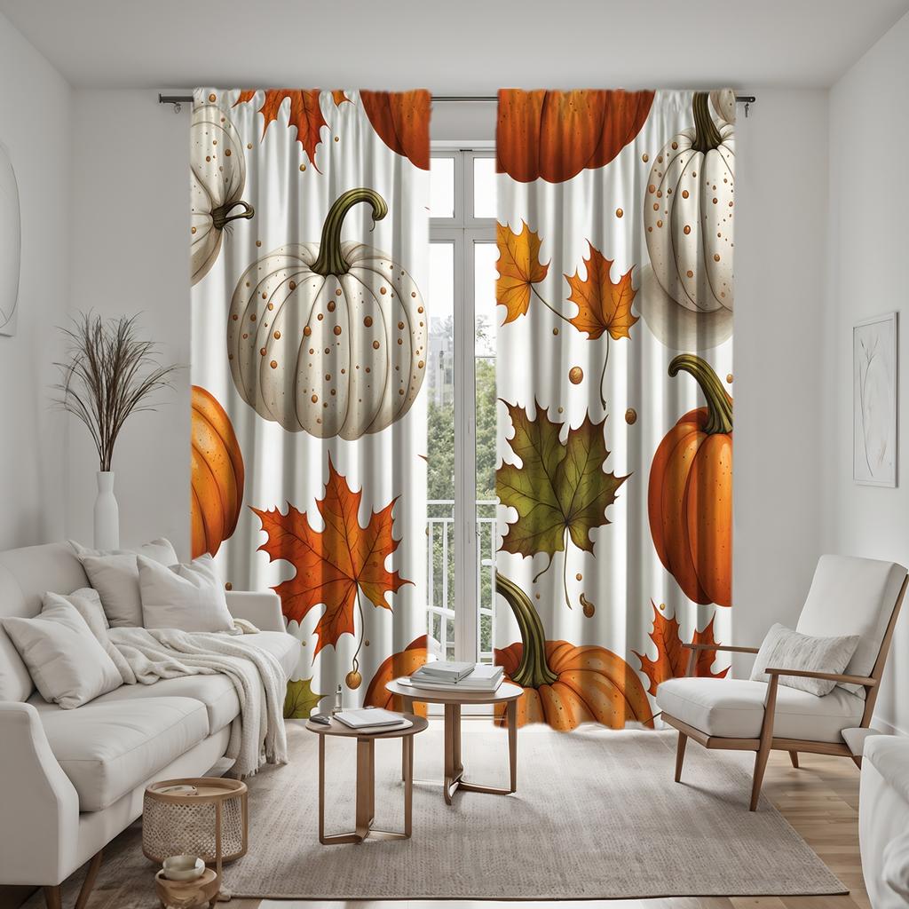 2 peças HD Festival da Colheita Abóbora Branca Folha de Bordo Vermelha cortina decorativa Cortina com estampa digital de gravata branca Decoração para casa st