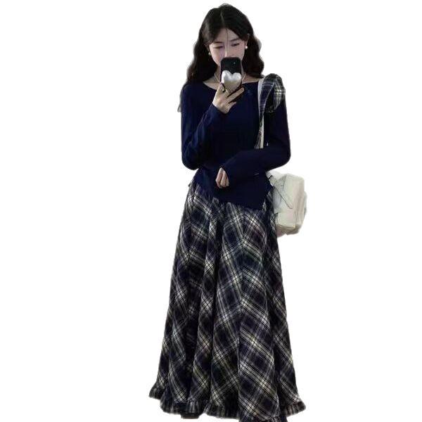 Amber Academics: Bowknot Long Sleeve Top & Retro Plaid Skirt Set