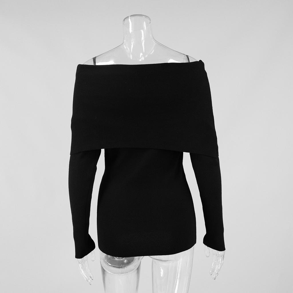 Spring Autumn Women's Sexy Off-shoulder Knitted Sweater Slim Stretch Long-sleeved Pullover Knitted Sweater