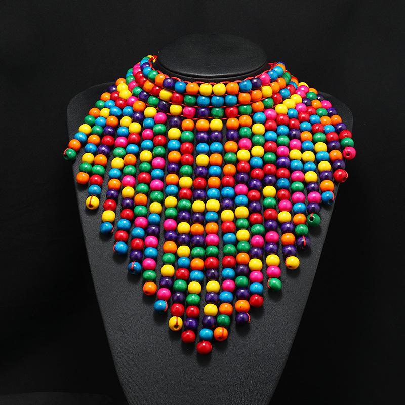 

Handmade personalized exaggerated wood bead necklace Bohemian folk style music festival stage catwalk retro accessories різнокольоровий