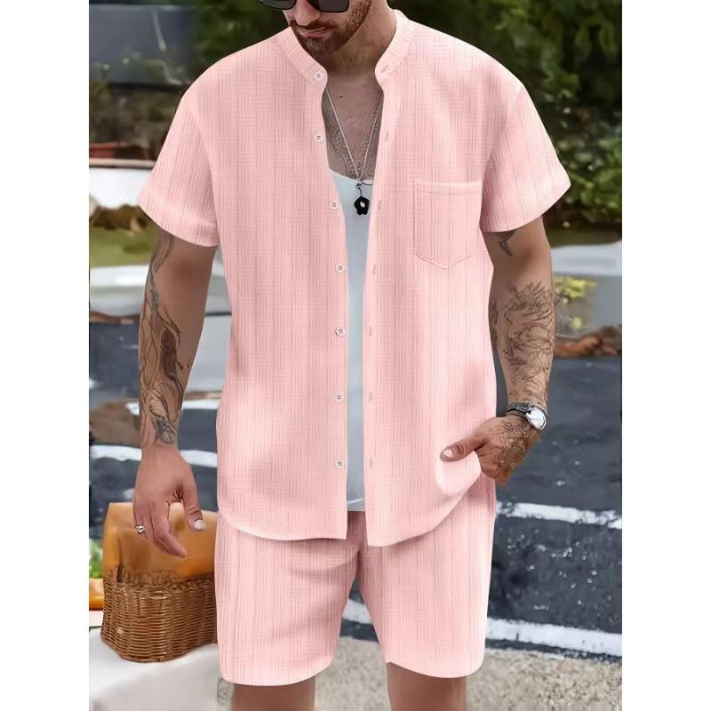 Men Casual Summer Short Sleeve Shirt And Shorts Henley Neck Pocket Beach Clothing Set