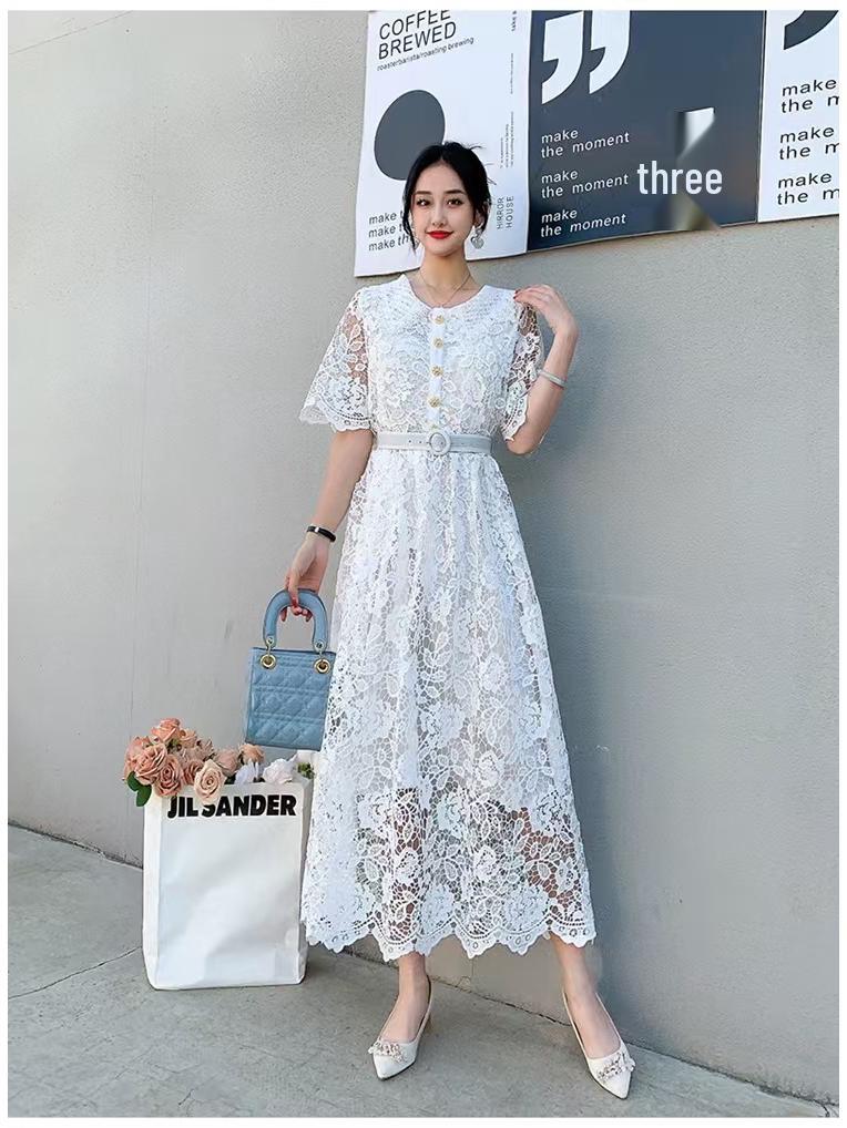 Damen Französisch Süß Farbblock Peter Pan Kragen Slim Fit Midilänge Spitzenkleid