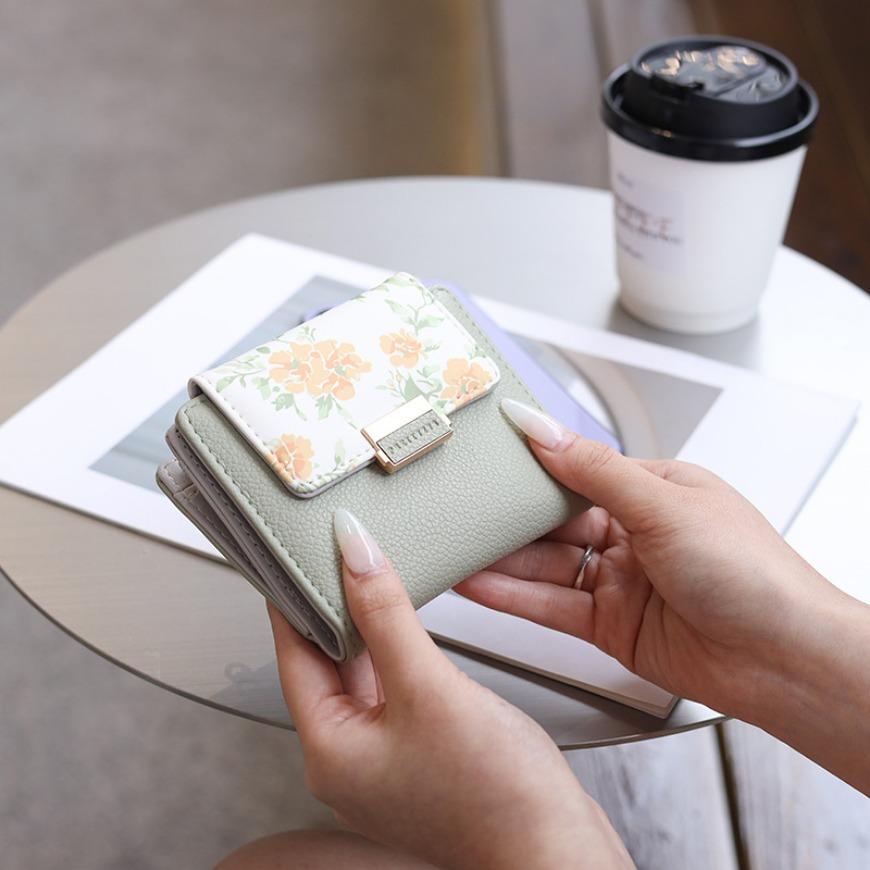 PU Leather  Loose Change Printed Buckle Folding Zipper Student Coin Card