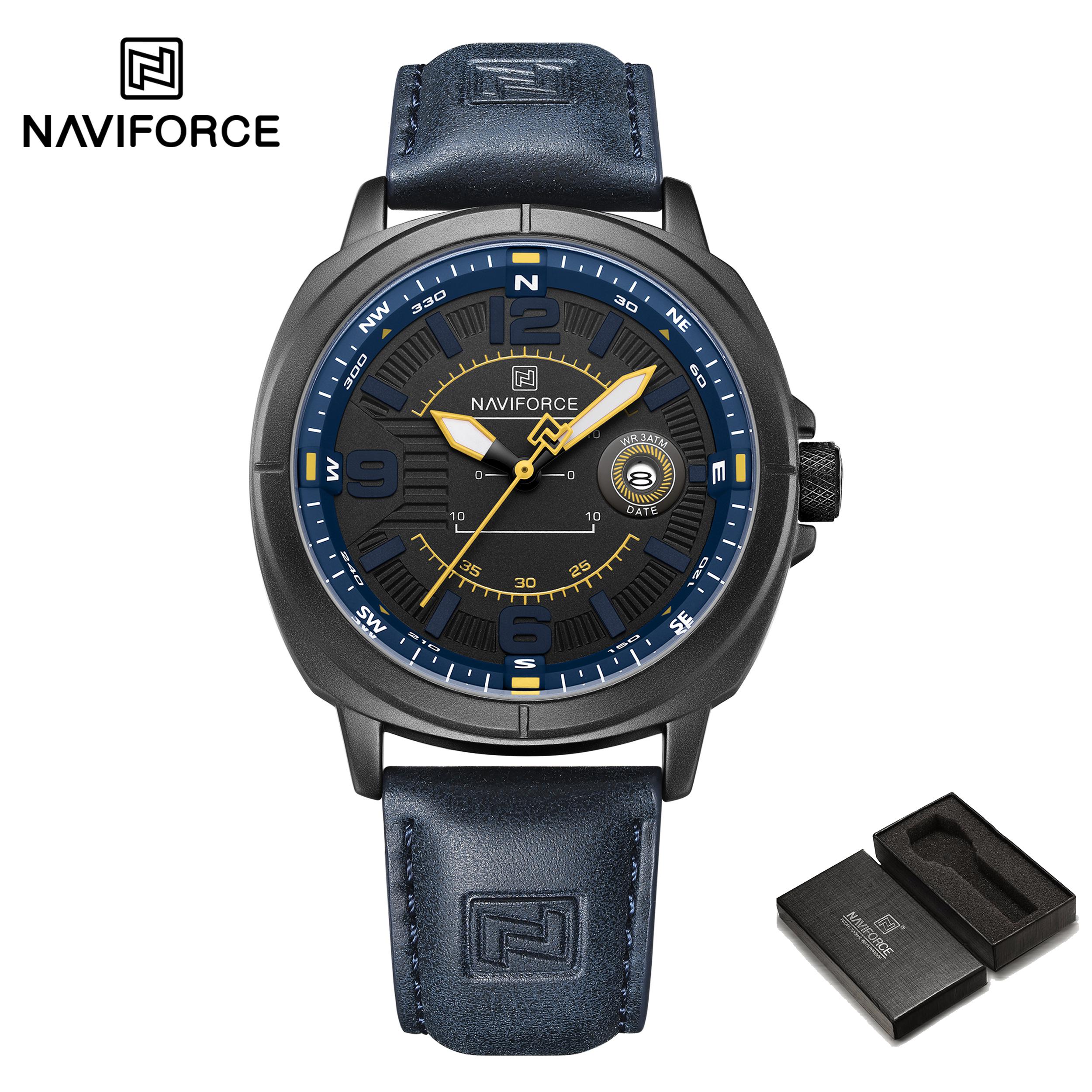 

Чоловічий шкіряний годинник NAVIFORCE Календар Кварцовий механізм Водонепроникний 30 м Люмінесцентні стрілки Повсякденний модний чоловічий годинник NF8078 синій