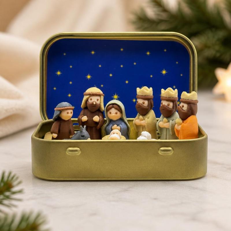 Mini Christmas Nativity Set In Tin Box Cute 3D Printed Figures Manger Set Iron Box For Christmas Home Decoration Holiday Gifts