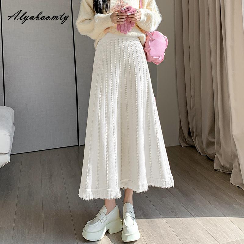 Koreanische Mode Herbst Winter Frauen Midi Rock Hohe Taille Grau Schwarz Aprikose Kaffee Dicke Warme Rock Elegante Quaste Feminine Röcke für frauen