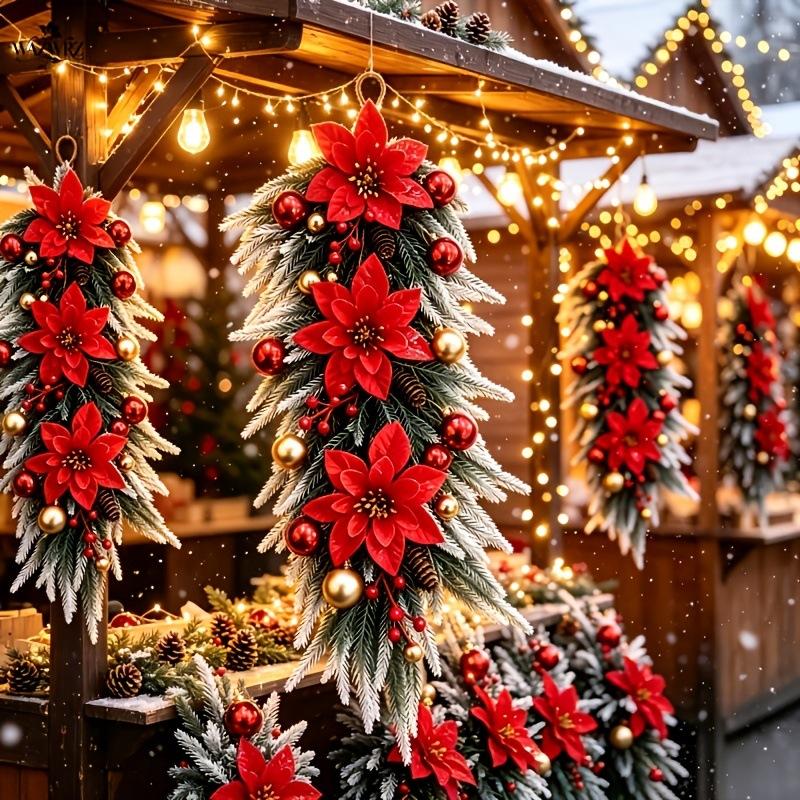 Vánoční umělá slza závěsná věnec s poinsettiovými koulemi na vchodové dveře stěnu Vánoční svátek párty domácí dekorace