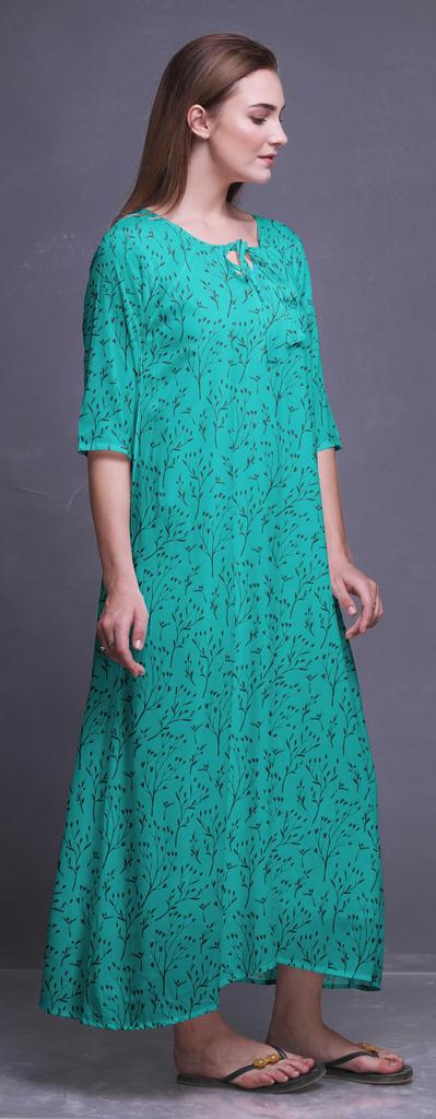 Bimba Dark Rose Brown Floral Leaves & Camellia Kanjiro Printed Nightgowns Maxi Sleepwear For Women Long Sleep Dress