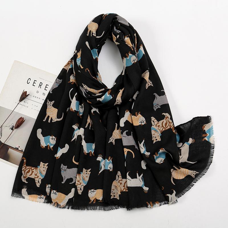 Women Printed Scarf Long Shawl Animal Luxury Designers Scarf Cute Cat Patterns Hijab Soft Viscose Hijab Women Floral Tippet