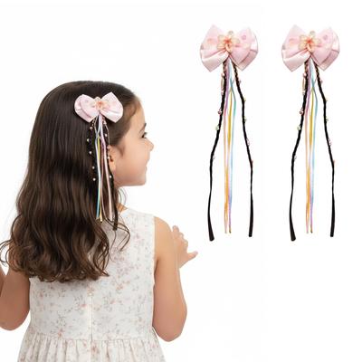 KARP - 4 Pcs (2 Sets) Satin Bow Hair Clips for Girls | Fancy Hairpins with Long Colorful Ribbons & Flower Charms | Cute Hair Accessories for Kids | B