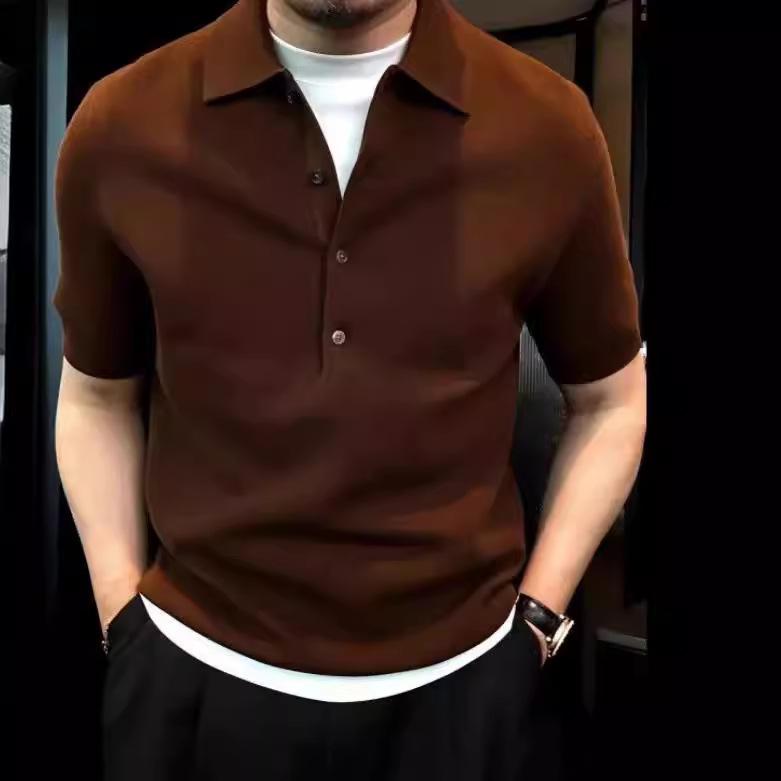 Solid Color Lapel Polo Shirt Men'S Simple Style Slim Fit High-End Short-Sleeved T-Knitted Top