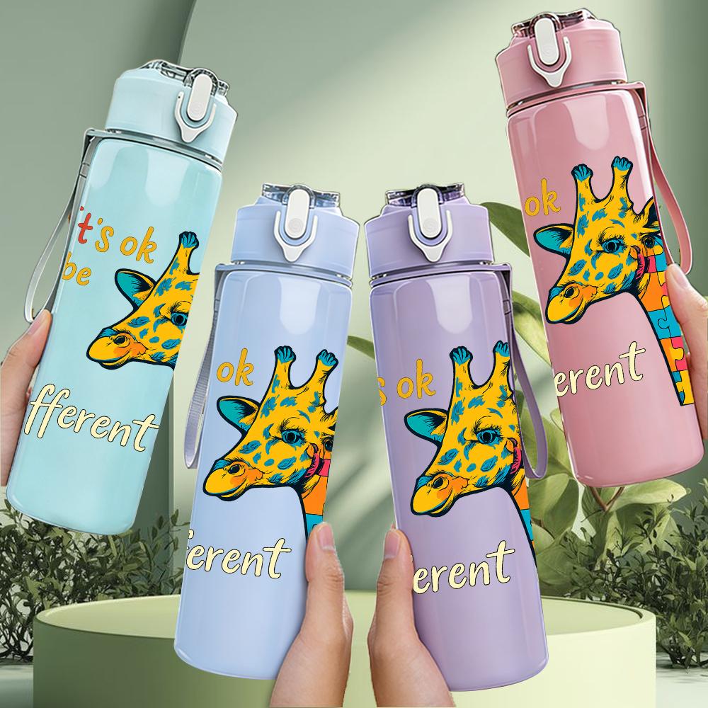 1PC Colorful Giraffe Quote Text 750ml Color Plastic Sports Water Bottle Leakproof Flip Straw Lid For Sports Office Home Use