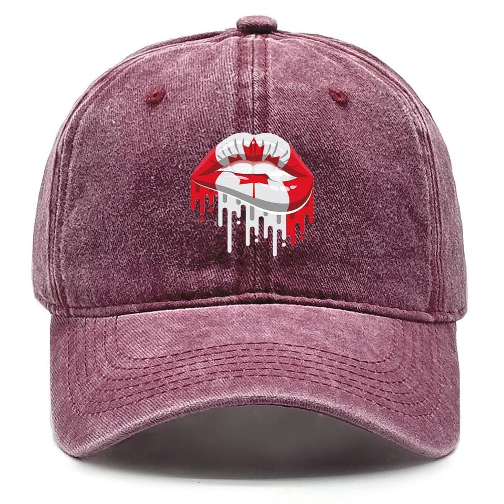 Canada Flag Mouth Print Adjustable Sun Hat, Patriotic Flat Cap Stylish Adjustable Strap Casual Slouchy Snapback Baseball Hat