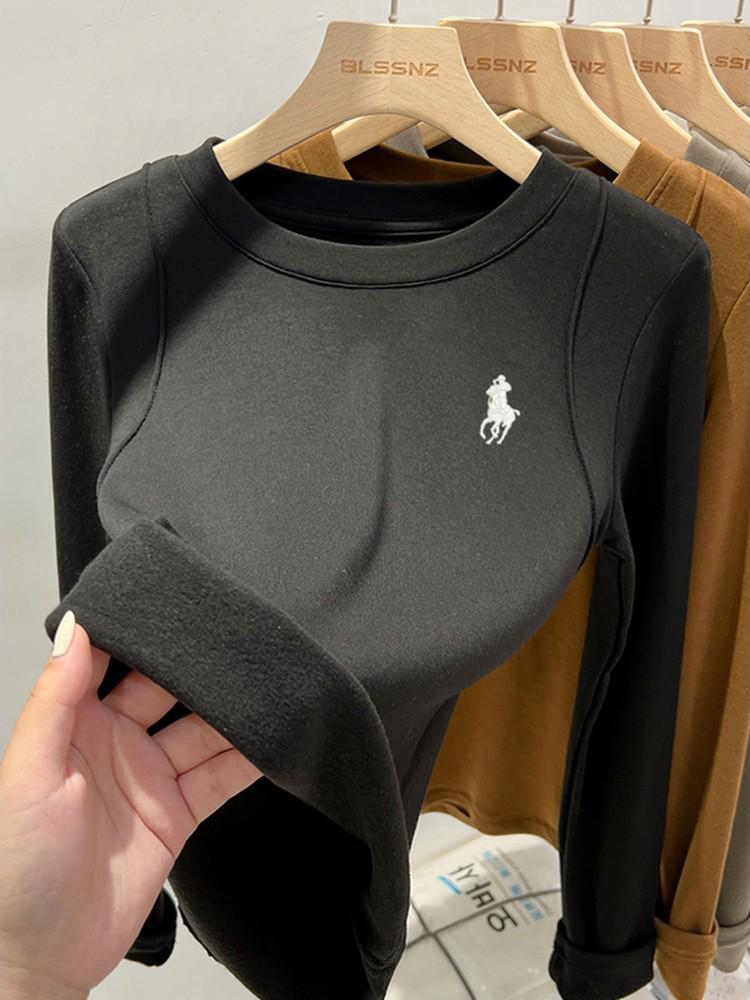 Korean Dongdaemun Embroidered Little Horse Velvet Lined Round Neck Women's T-shirt, Long Sleeve Autumn/Winter Top