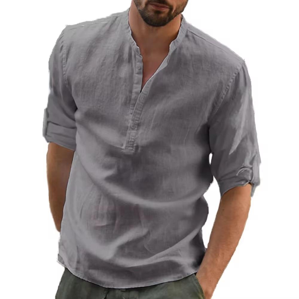 Cotton Linen Hot Sale Men's Long-Sleeved Shirts Summer Solid Color Stand-Up Collar Casual Beach Style Plus Size Linen Man Tops