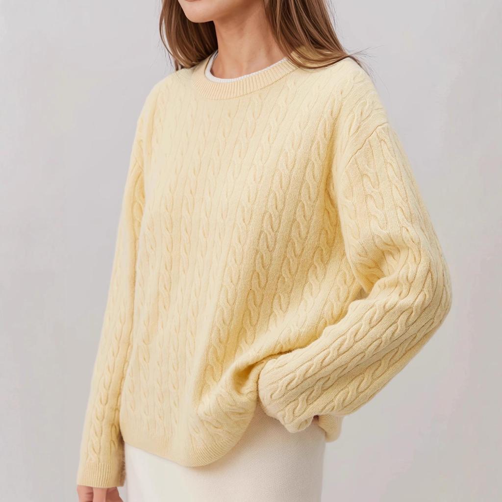 Autumn & Winter Solid Color Round Neck Cable Knit Lazy Style Sweater