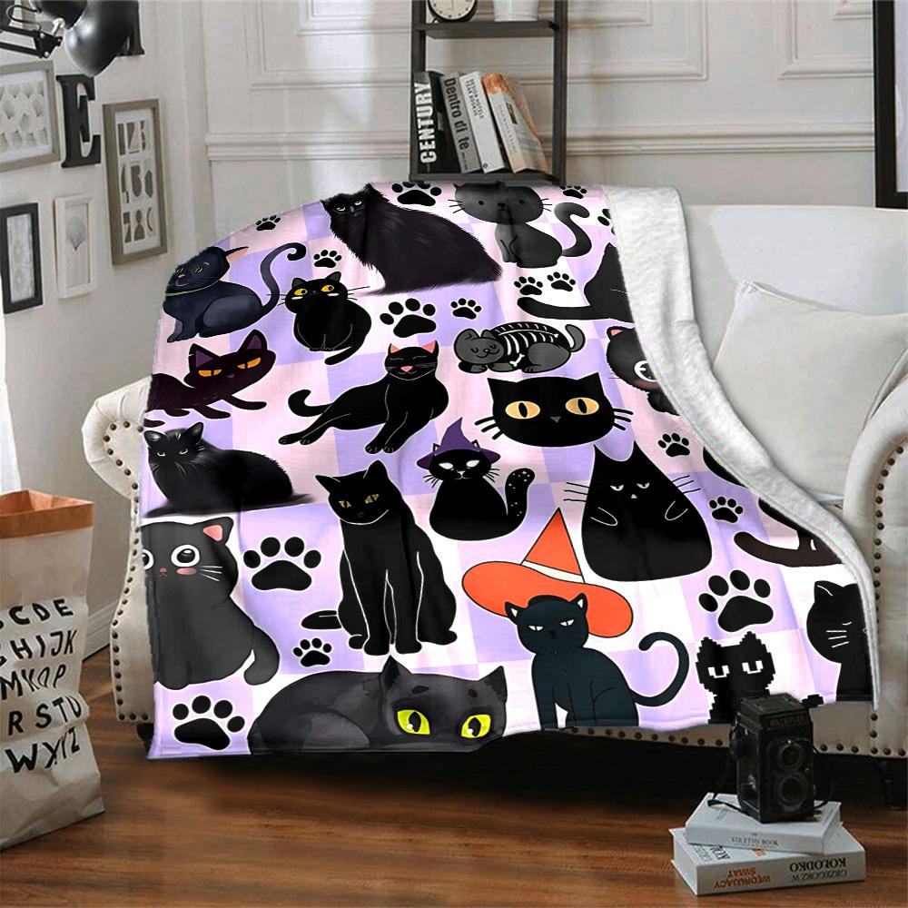 1pc Black Cats Lightweight Flannel Blanket, Comfortable and Warm Blanket, for Office and Camping Sofa Bed, Livingroom140