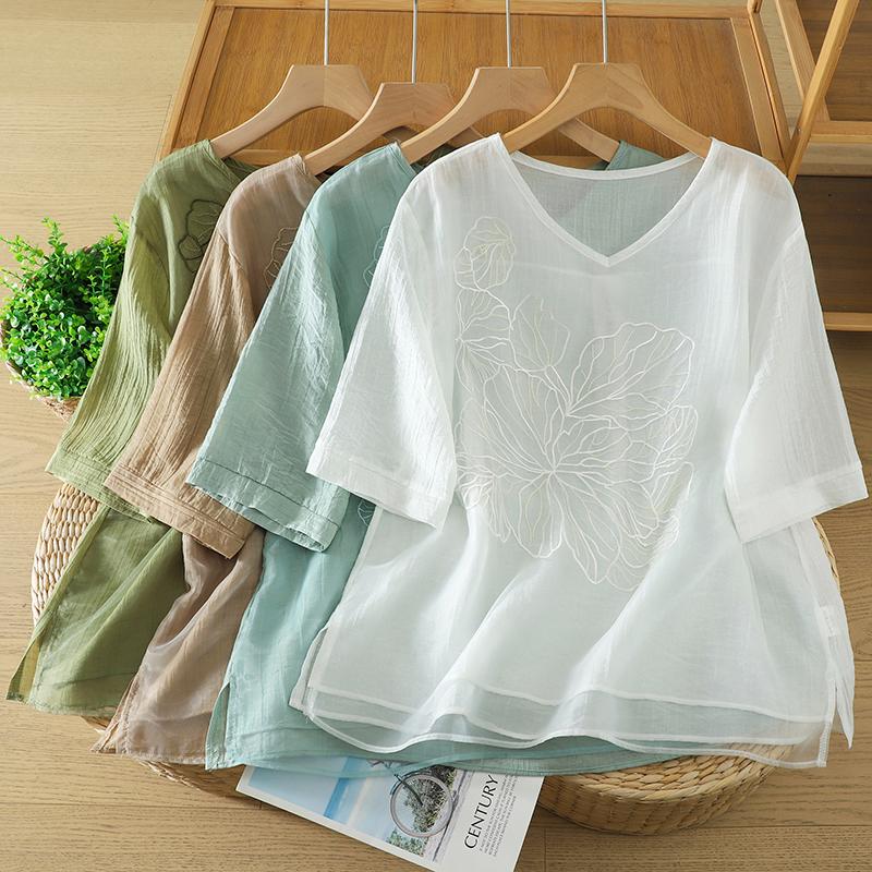DIMANAF 2026 Women Plus Size New Summer Blouse Shirt Short Sleeve Casual Loose Lady Tops Shirts Linen Embroidery