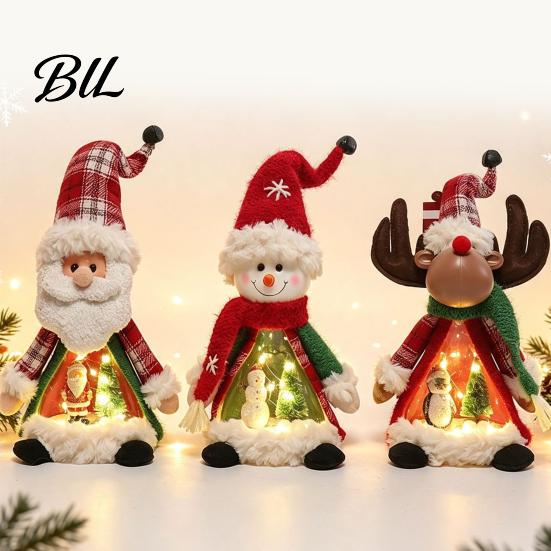 Indoor Xmas Atmosphere Light Lighted Christmas Doll Decoration, Cute Plush Santa Claus/Snowman/Reindeer Figurine with Standing Character Set Warm LED