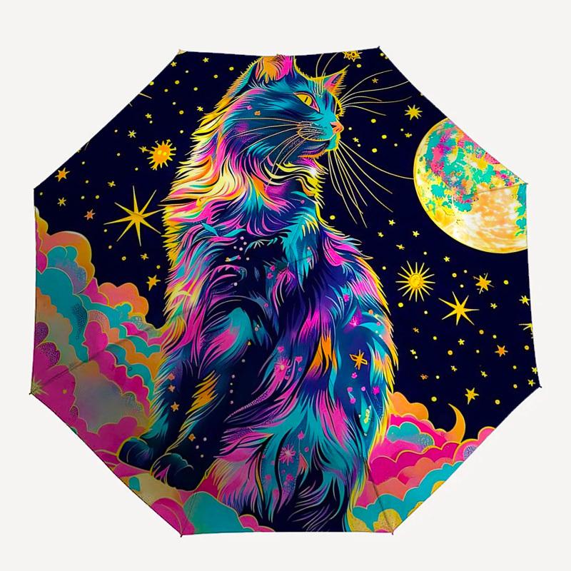 1pc Colorful Cosmic Cat Automatic Folding Umbrella - Portable 3-Fold Design with 8-Bone Iron Frame, Perfect for Outdoor Use, Festive Gifts, Travel, Da