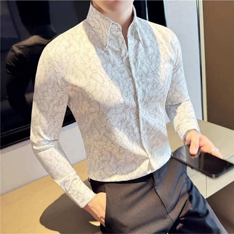 Men Long Sleeve Button Down Shirt Abstract Marble Print Casual Business Top