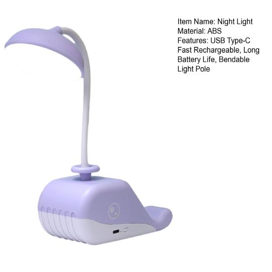 Cartoon Whale Night Light USB Type-C Fast Rechargeable Desk Lamp with Mobile Phone Holder Bendable Warm White Light Desk Light for Students Eye