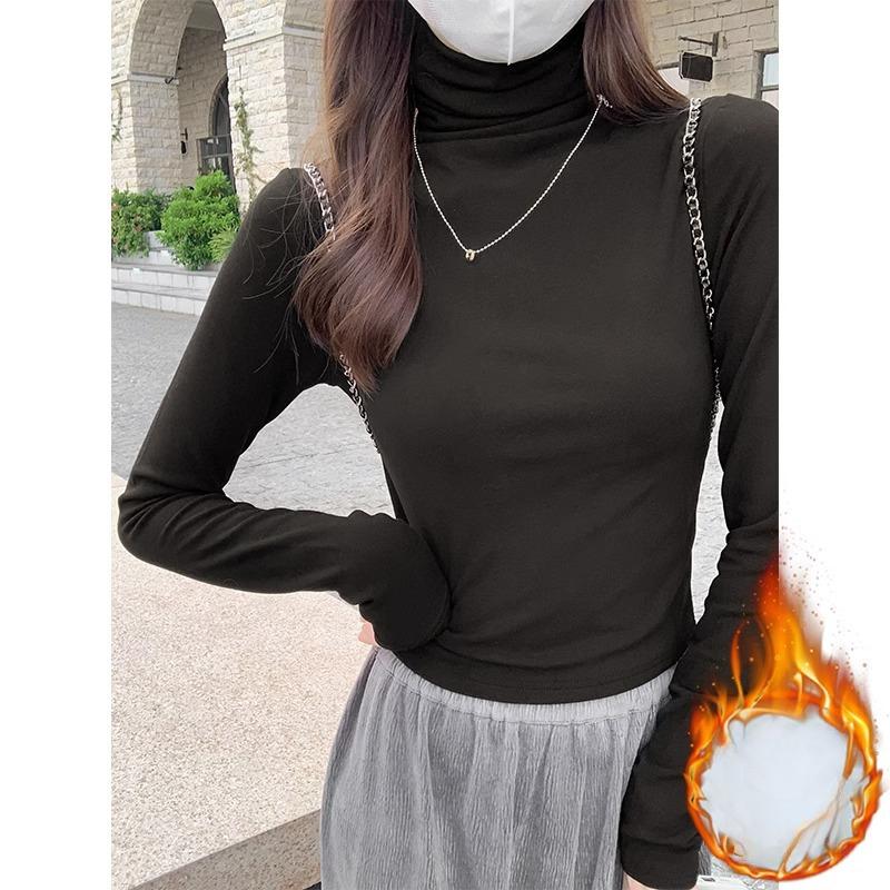 

Футболка в стиле ретро красного цвета с длинными рукавами для женщин, правое плечо высокого качества, тонкий бархатный утолщенный воротник на осень и зиму, нижняя часть рубашки сверху XL