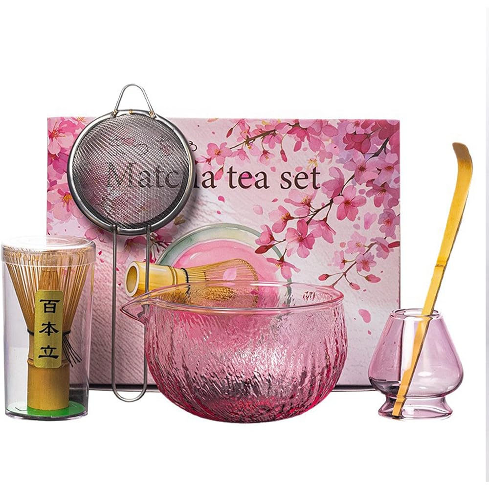 

MiniMood Matcha Tea Bowl Set 5-Piece Glass Transparent 596ml Includes Bamboo Whisk, Scoop, Stainless Strainer, Stand