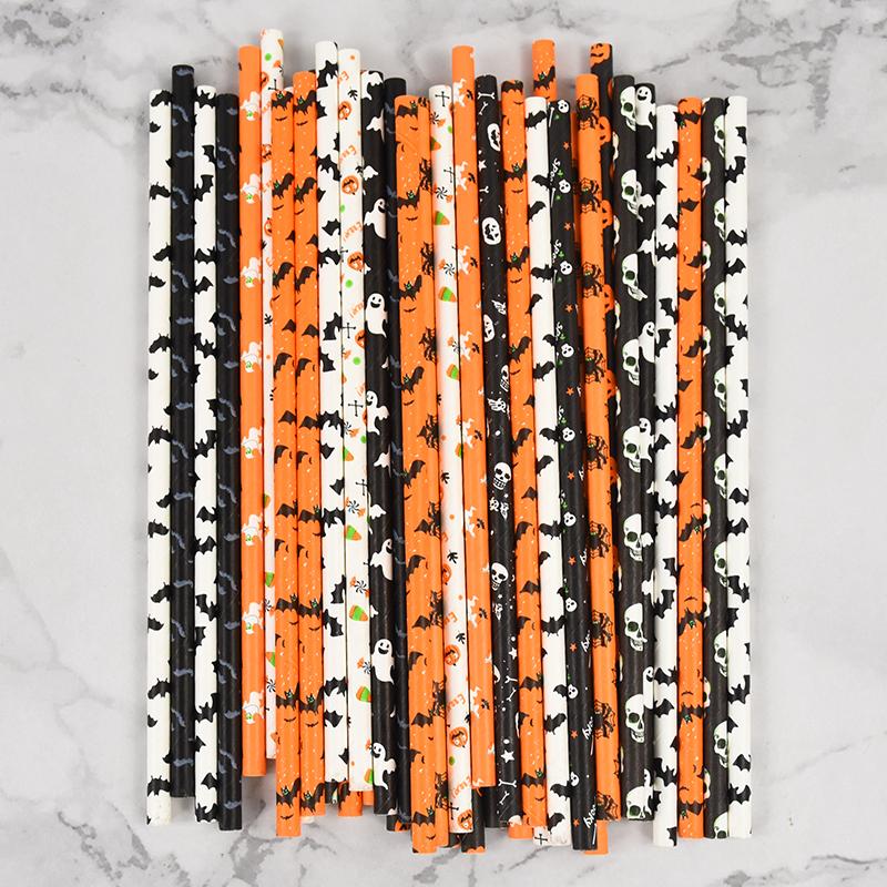50/25Pcs Halloween Straws Pumpkin Bat Spider Ghost Disposable Drinking Paper Straws Halloween Party Home Bar Supplies