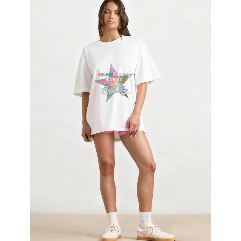 Oversized T-Shirt Black Star Graphic Print With Text No Question Casual Streetwear Fashion Top For Women Summer Outfit